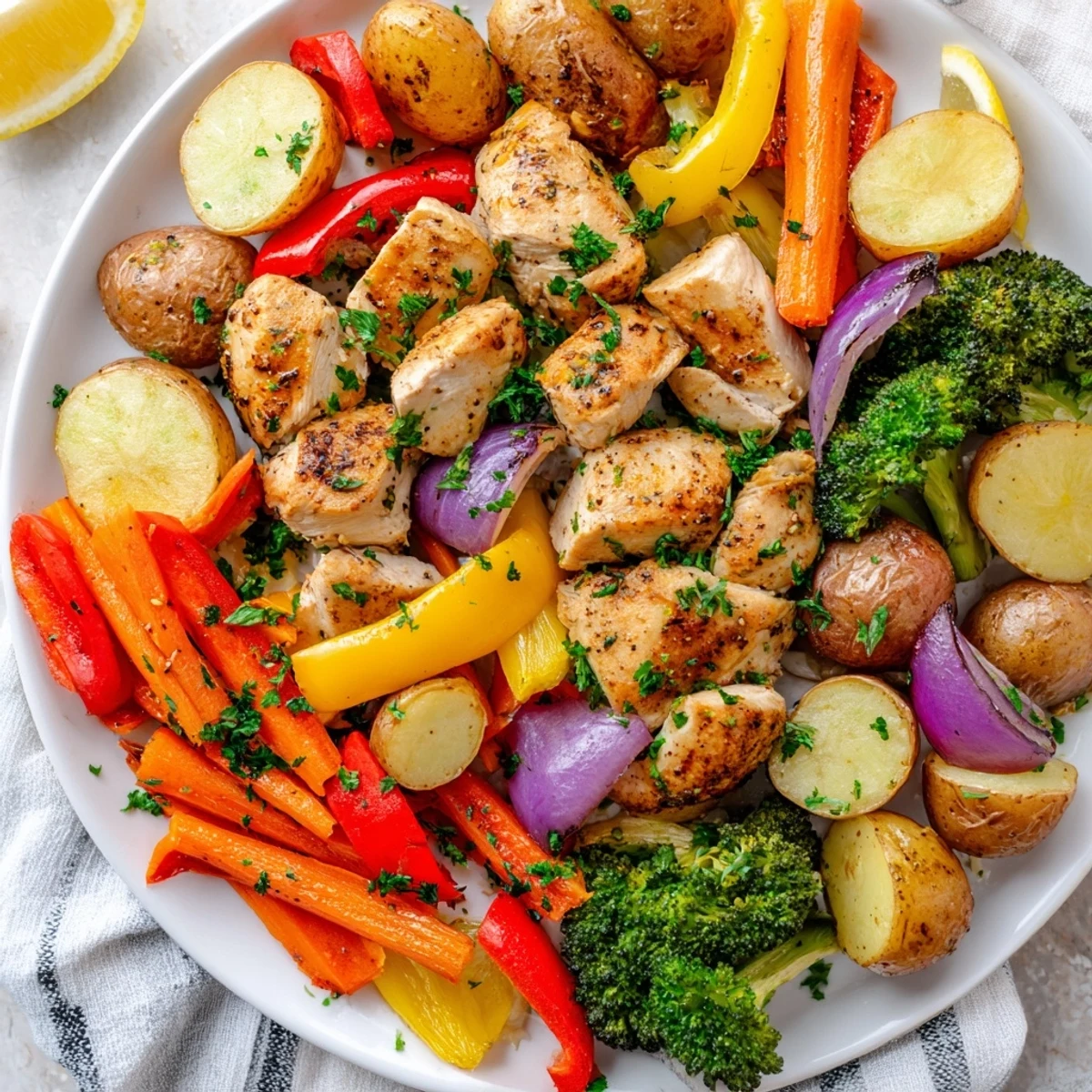 Easy Sheet Pan Lemon Herb Chicken and Vegetables served with colorful roasted vegetables on a dinner plate.