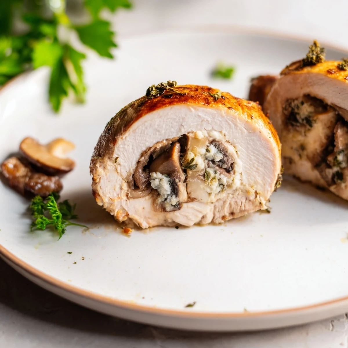 Sliced Flavorful Mushroom Stuffed Chicken Breast reveals mushroom and cheese filling beside roasted veggies.  