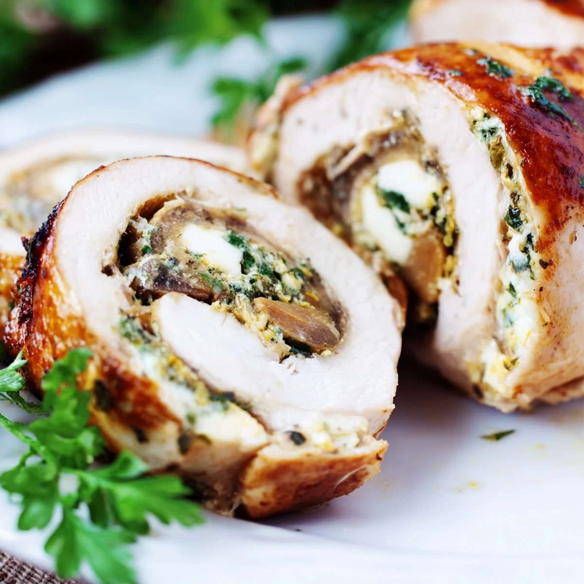 Golden-seared Flavorful Mushroom Stuffed Chicken Breast glistens with herbs on a rustic plate.  