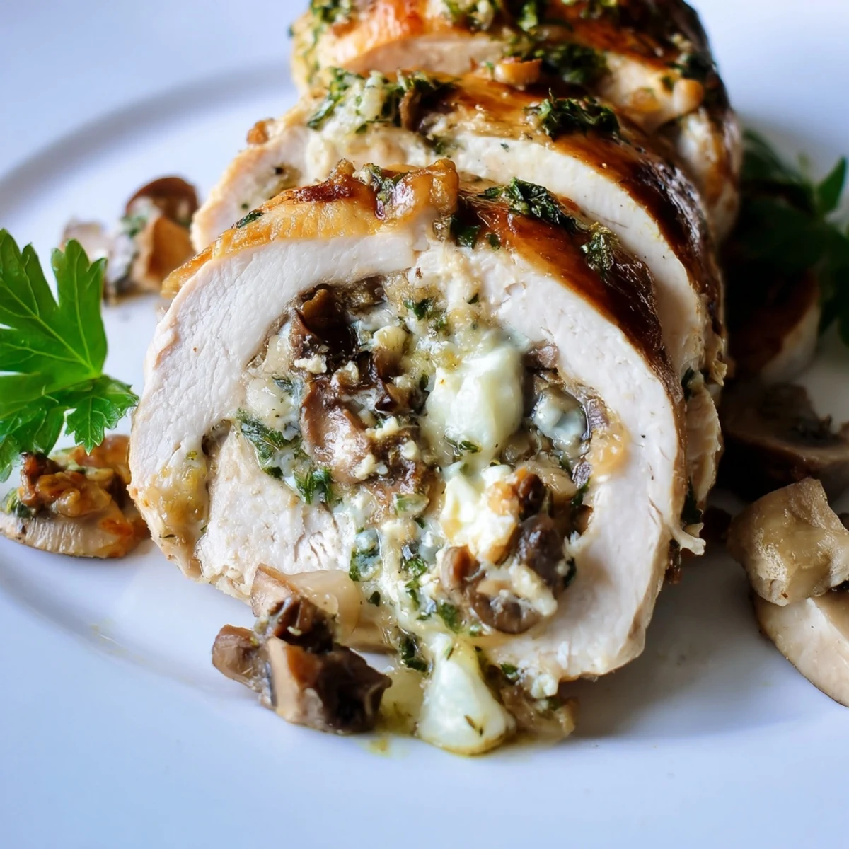 Juicy Flavorful Mushroom Stuffed Chicken Breast rests in skillet with savory mushroom and herb stuffing.