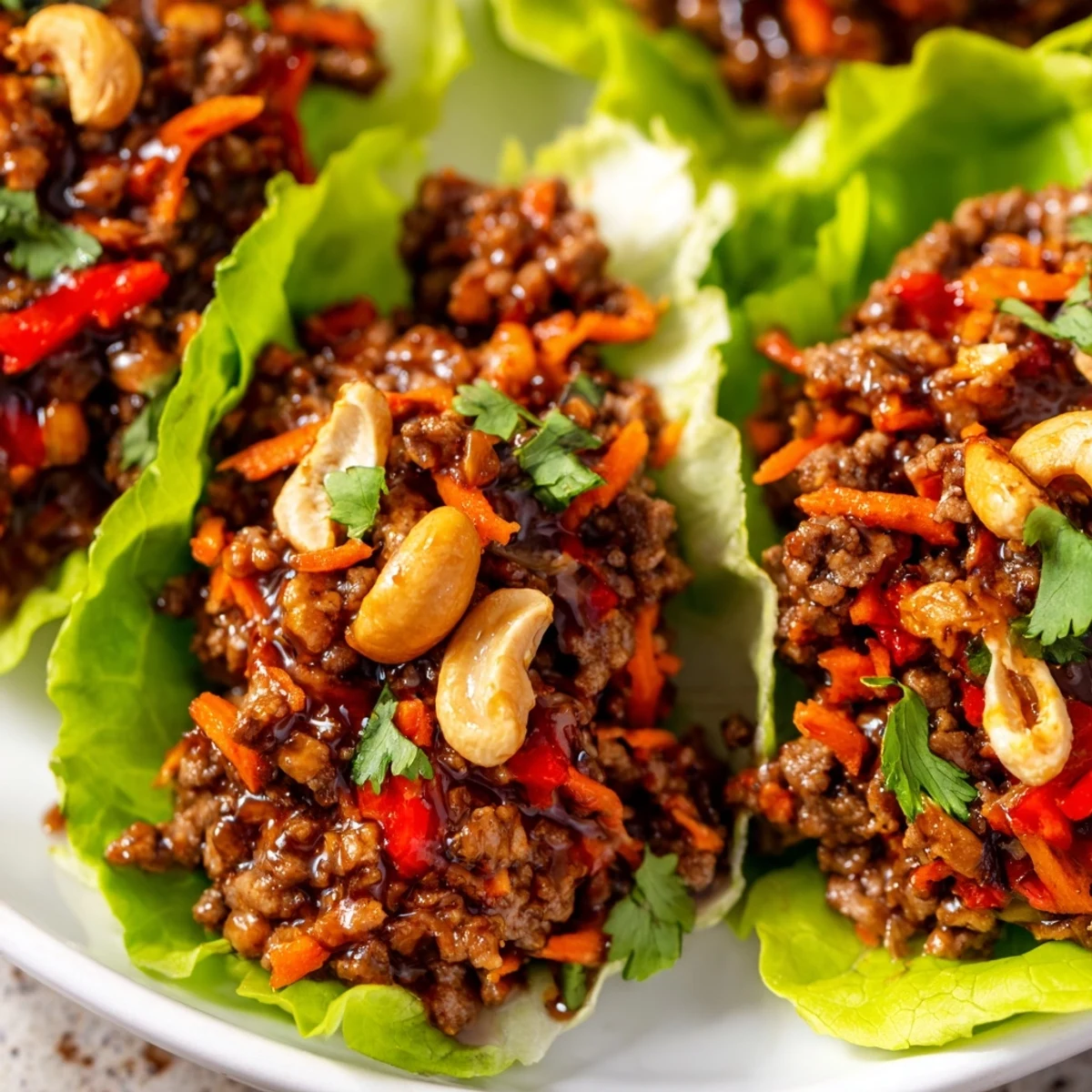 Crisp butter lettuce cups piled high with savory seasoned ground beef and crunchy toasted cashews garnished with fresh coriander and lime wedges