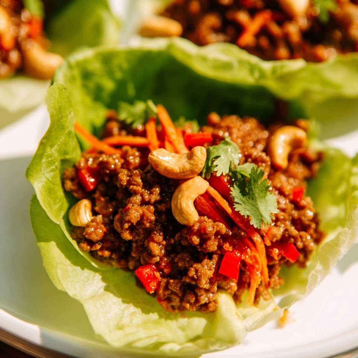 Golden brown Asian-style beef mixture with diced vegetables and chopped cashews served in cool crisp lettuce leaves on a white serving platter