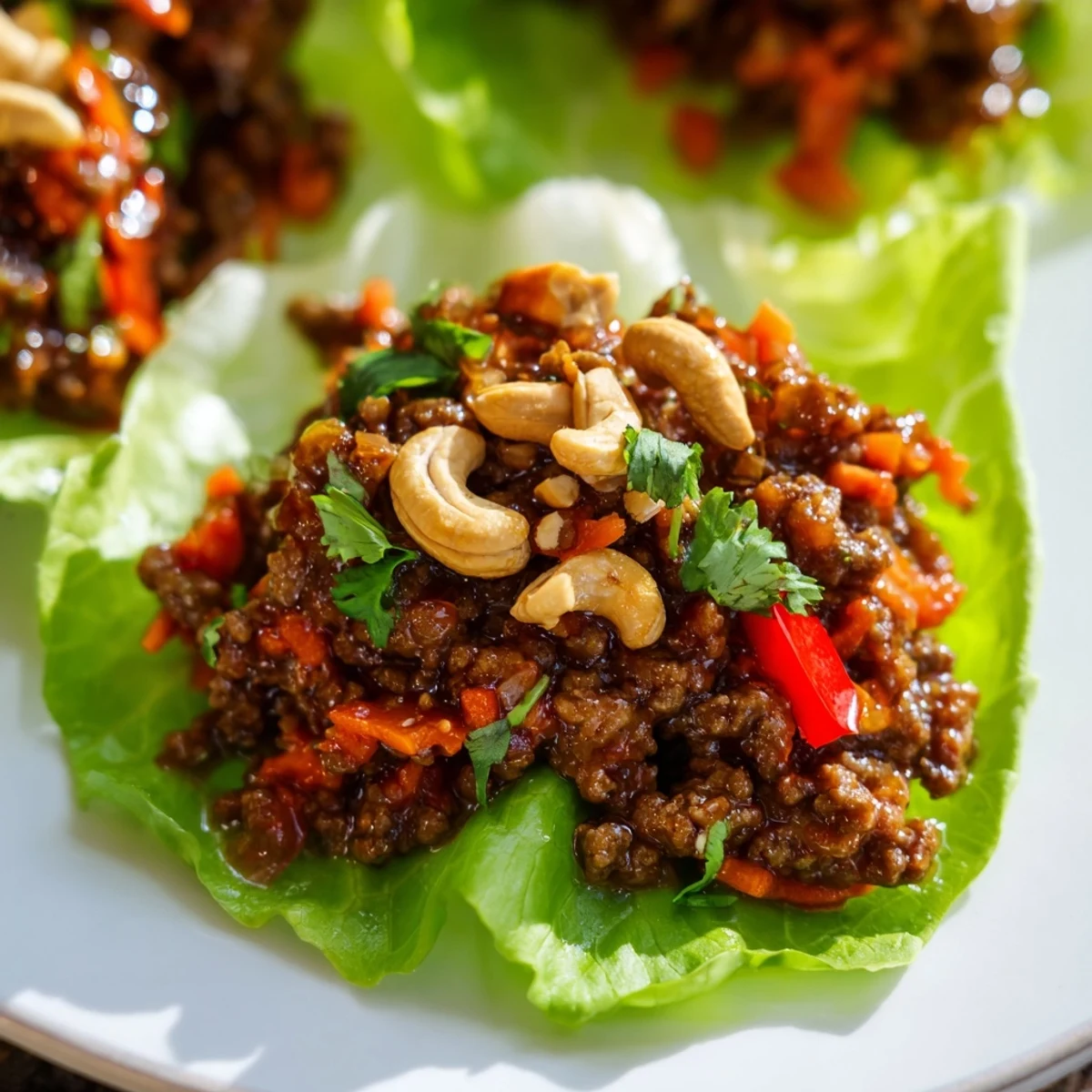 Colorful lettuce cups filled with spiced ground beef stir-fry featuring crunchy cashews diced bell pepper carrot and fresh cilantro topping
