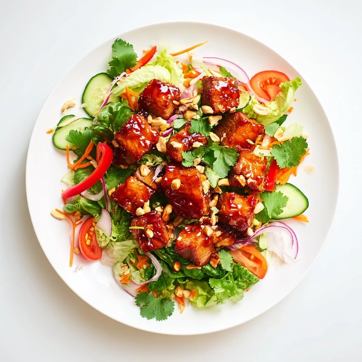 Vibrant salad bowl with crispy pork belly coated in sweet and sour glaze and peanuts