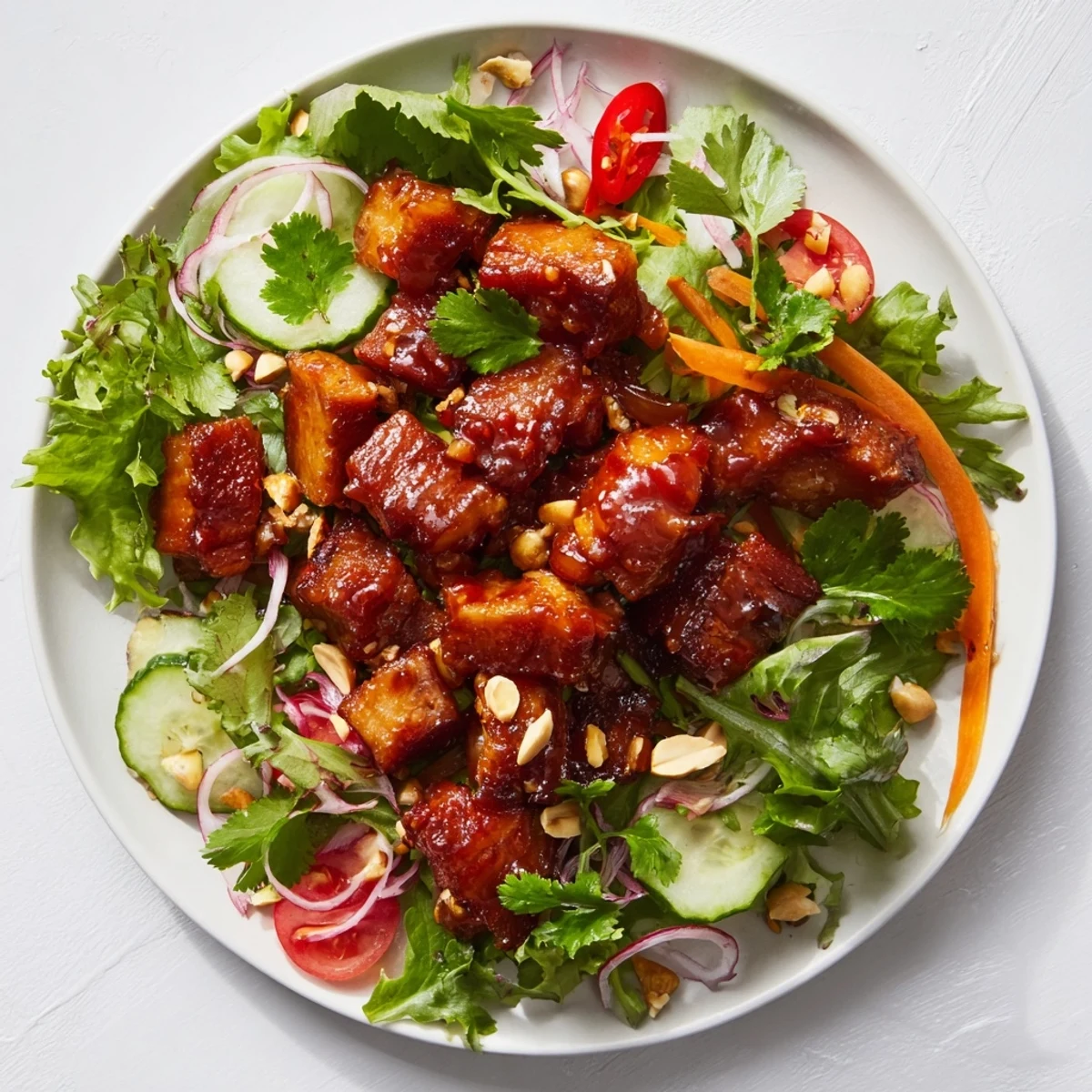Golden pork belly pieces tossed in tangy sweet and sour sauce atop mixed greens