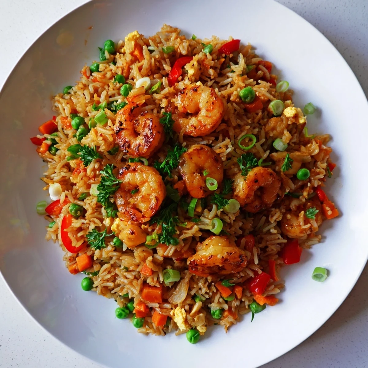 Vibrant Asian fusion dish featuring juicy prawns atop sweet chilli fried rice with diced vegetables