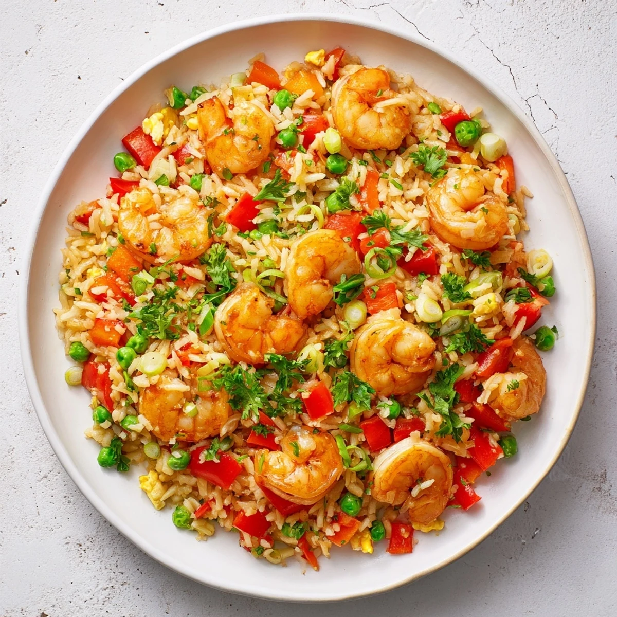 Golden garlic prawns served over colorful sweet chilli fried rice with fresh vegetables