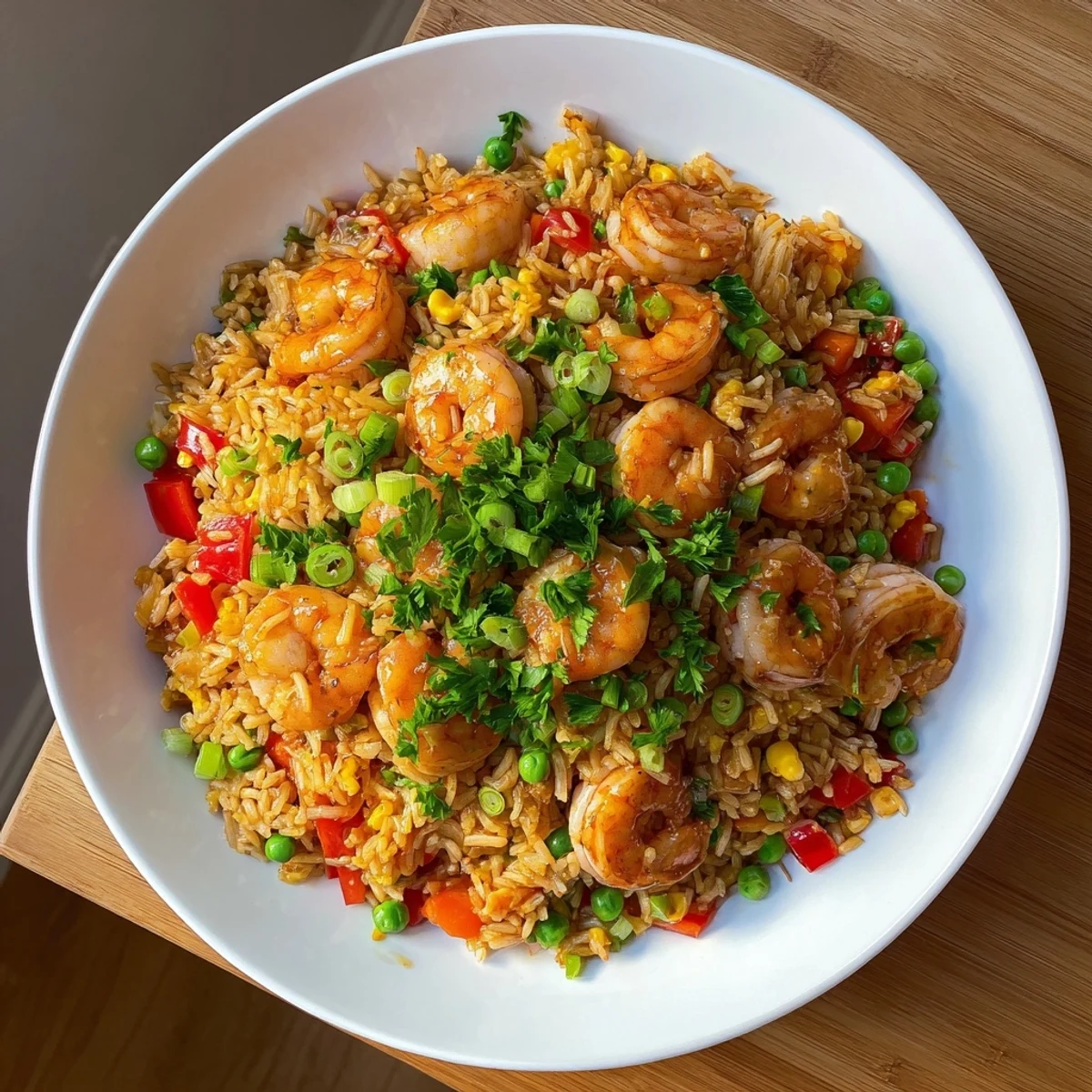 Savory garlic prawns garnished with parsley and paired with sweet chilli fried rice in a bowl