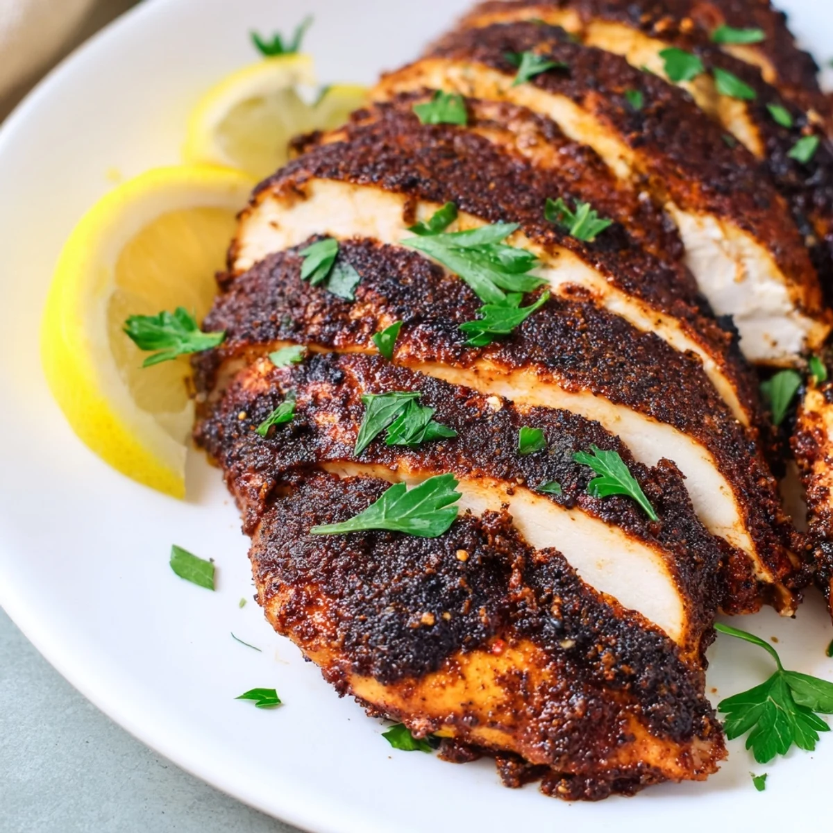 Sliced blackened chicken breast revealing juicy interior with fresh lemon wedges alongside