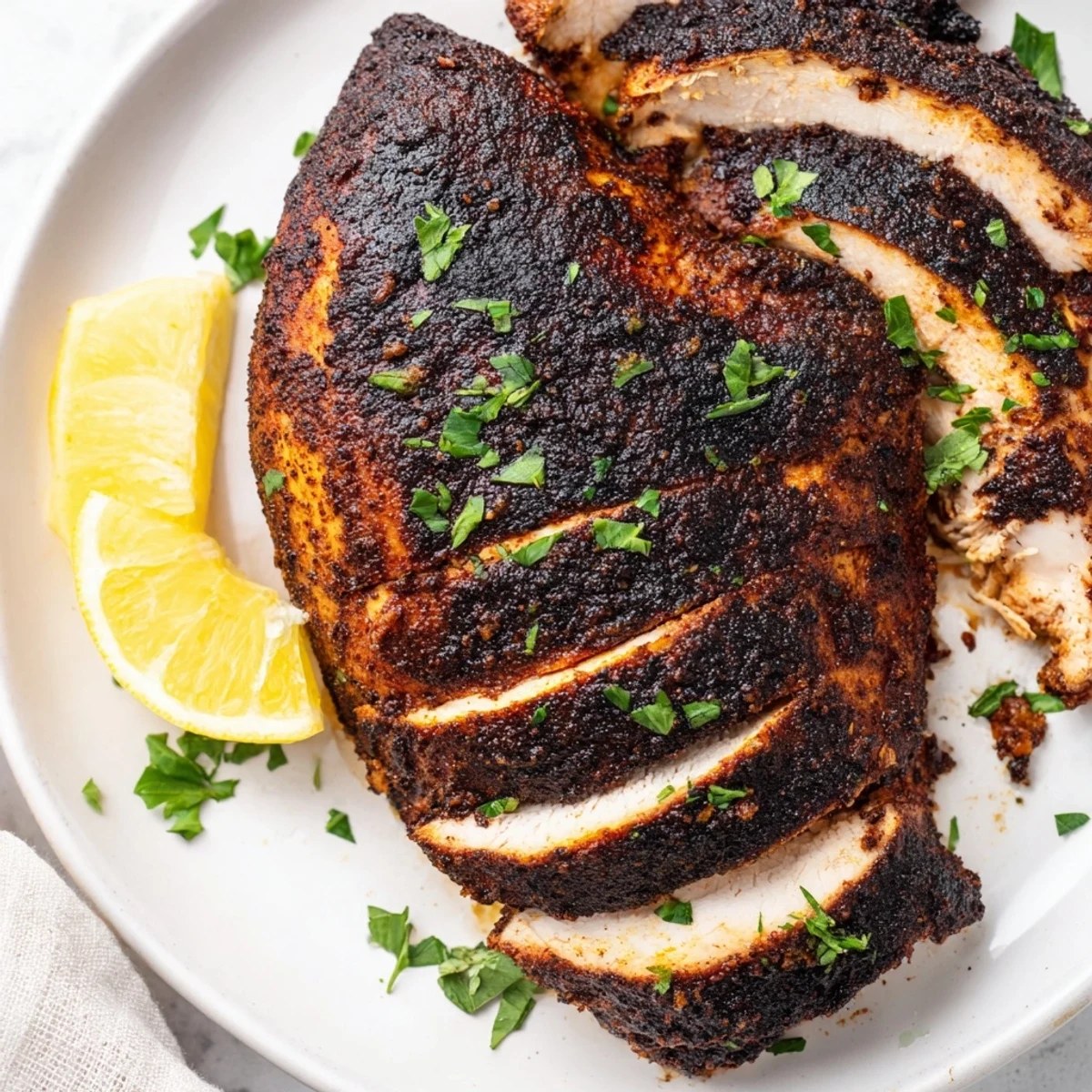 Crispy blackened chicken pieces garnished with parsley on a rustic wooden serving board