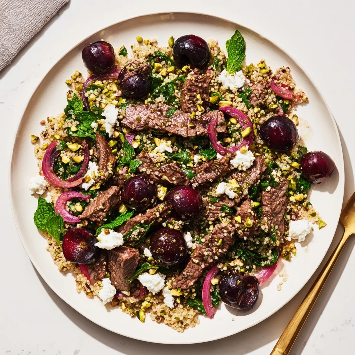 Golden seared lamb strips nestled in a fluffy quinoa salad with bright red cherries and crumbled feta cheese