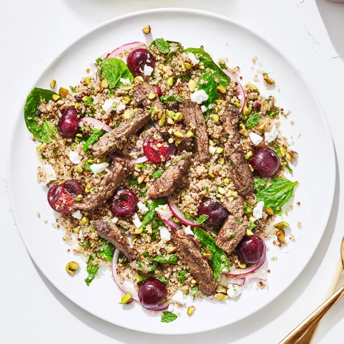 Colorful cherry quinoa salad bowl featuring tender spiced lamb pieces, fresh greens, and toasted pistachios