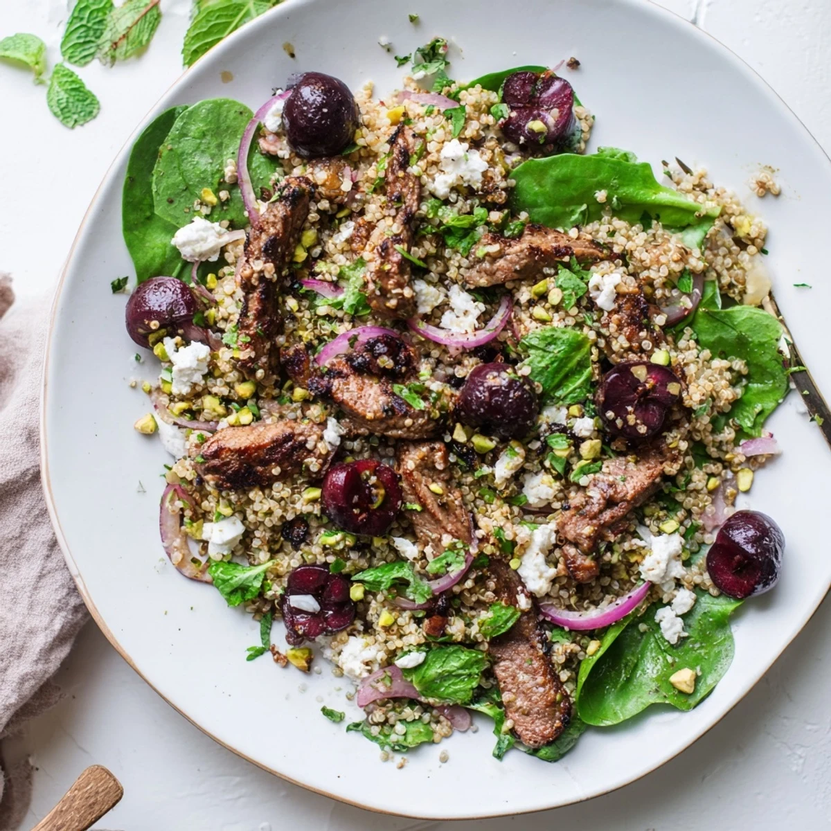 Mediterranean-style cherry quinoa salad with juicy grilled lamb, fresh mint, and tangy lemon herb dressing