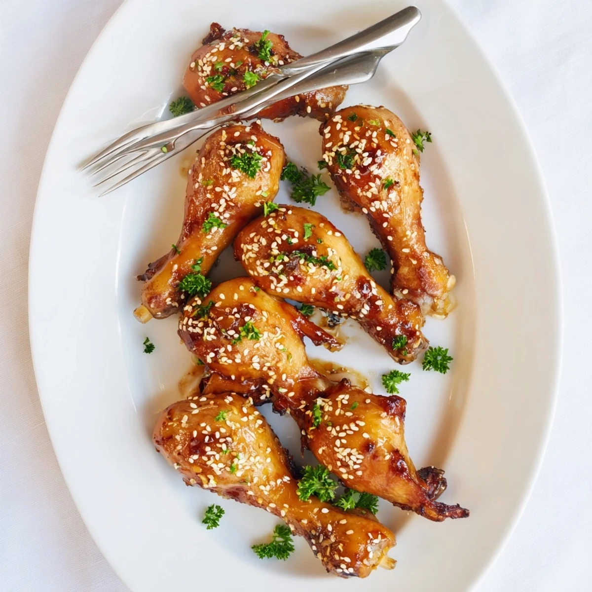 Tender baked chicken drumsticks coated in sweet honey garlic sauce fresh from the oven