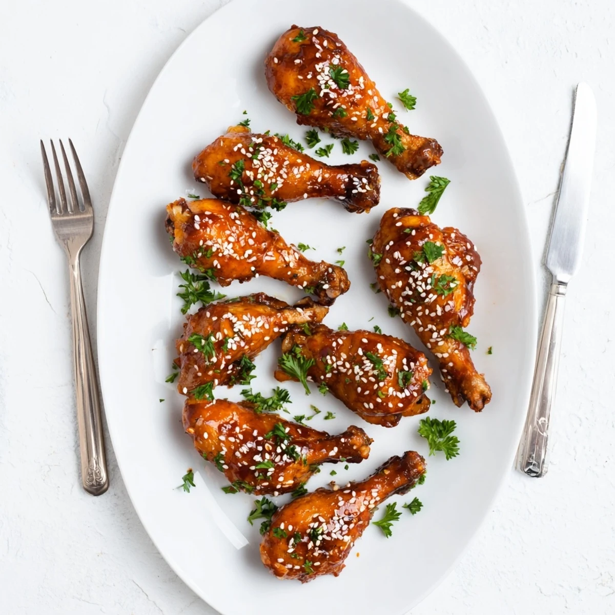 Golden honey garlic baked chicken drumsticks with sticky caramelized glaze and sesame seed garnish