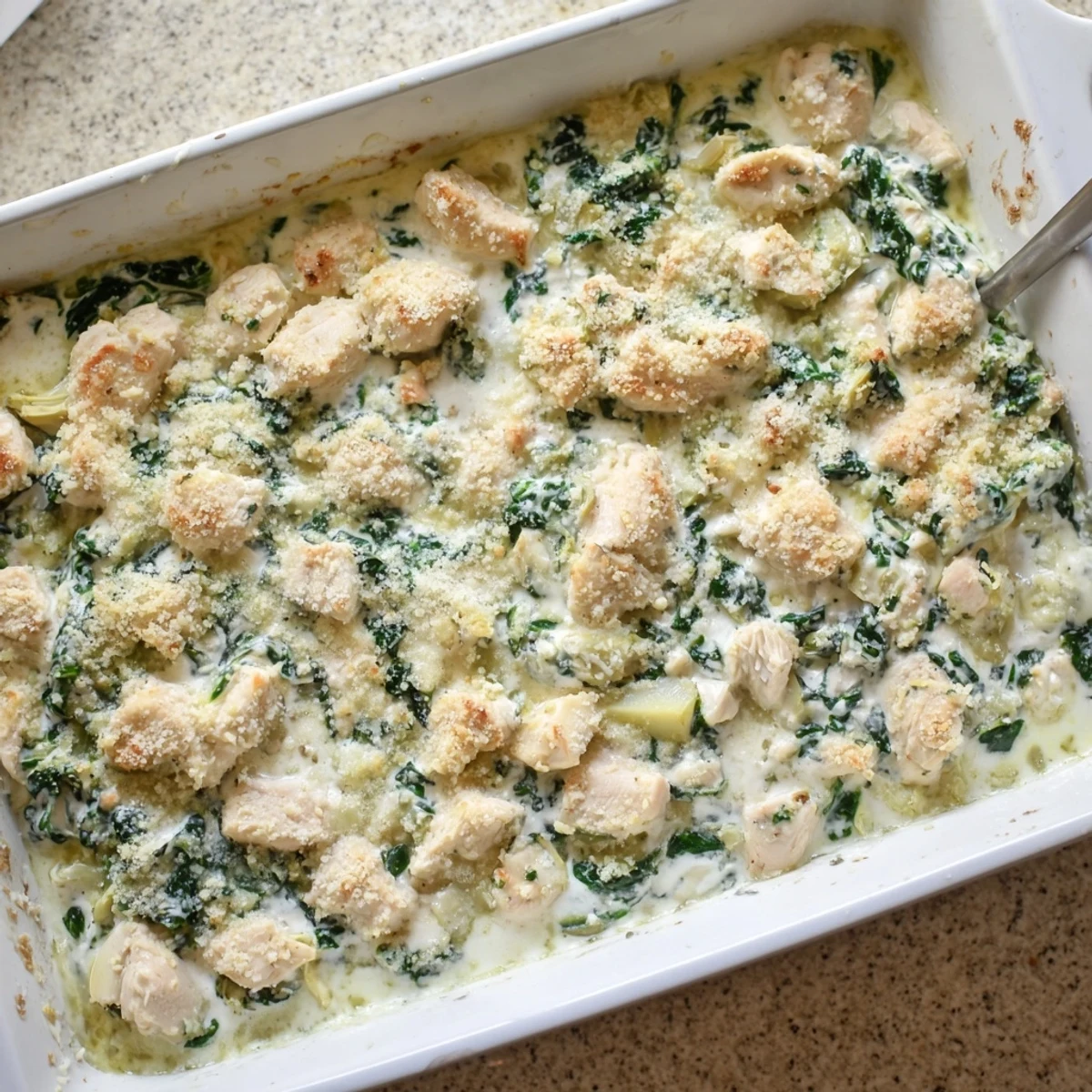 Creamy baked high protein spinach and artichoke chicken casserole sprinkled with crispy Parmesan panko crumbs