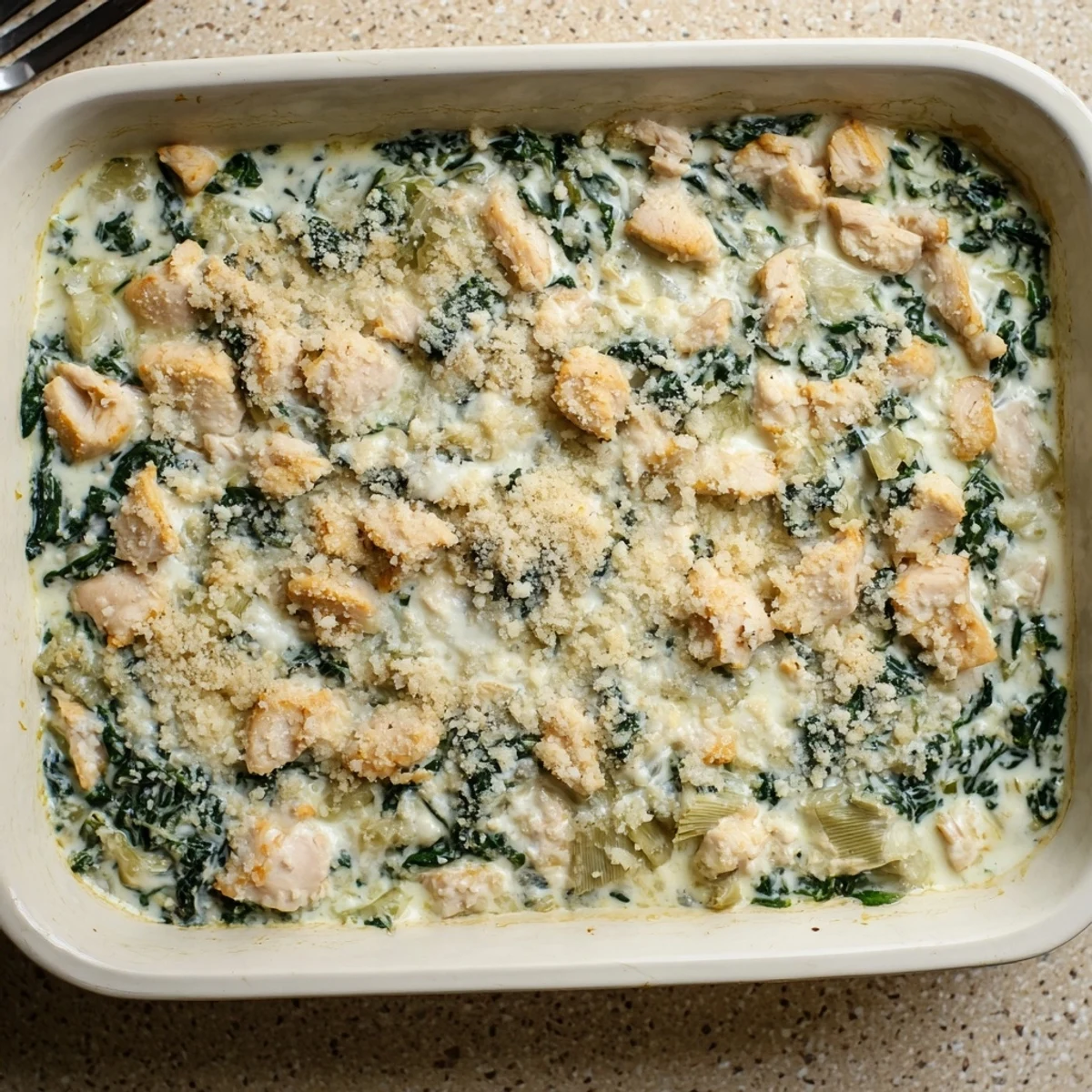 Golden brown high protein spinach and artichoke chicken casserole with bubbly melted cheese topping