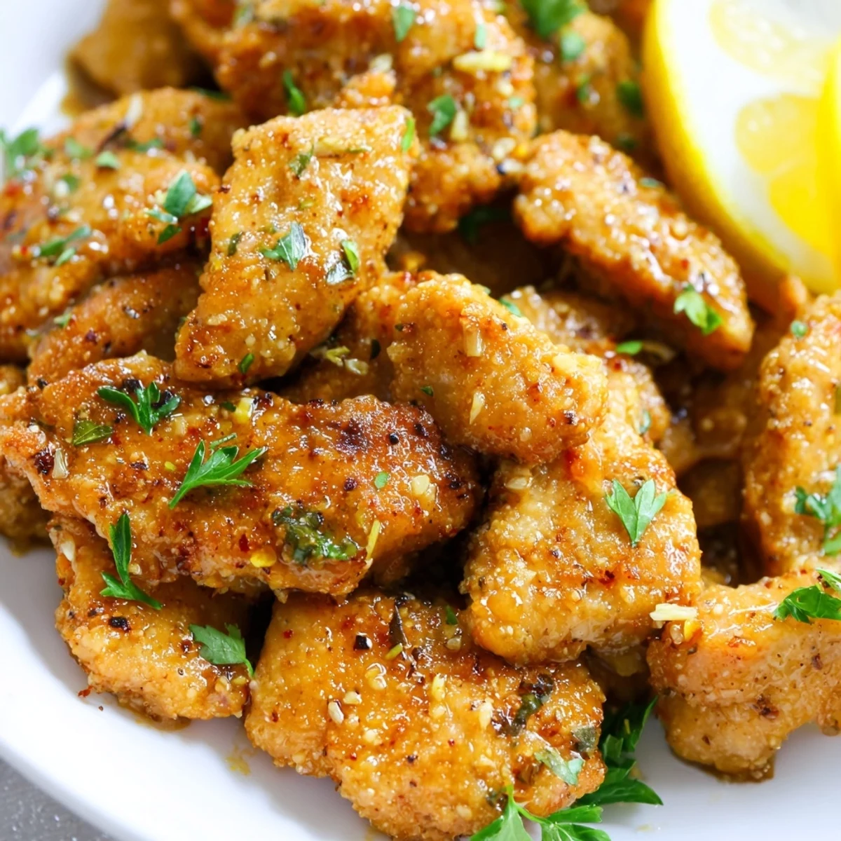 Golden Air Fryer Lemon Chicken Bites garnished with fresh parsley and lemon wedges on a white serving plate