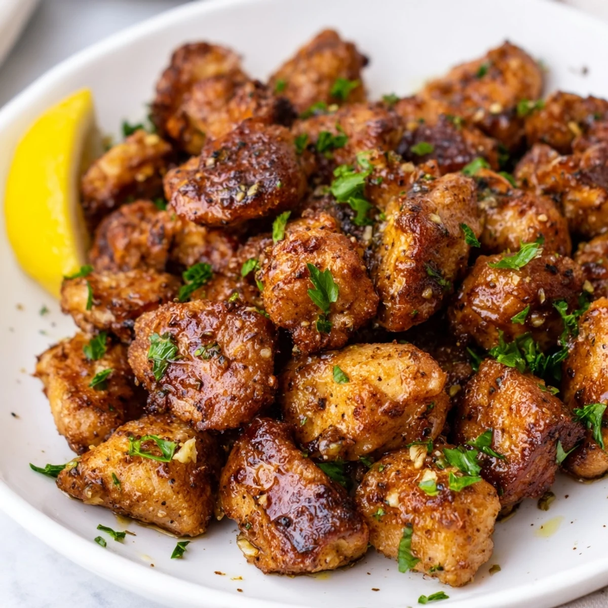Crispy tender chicken pieces air fried with zesty lemon herbs arranged on a platter for appetizer serving
