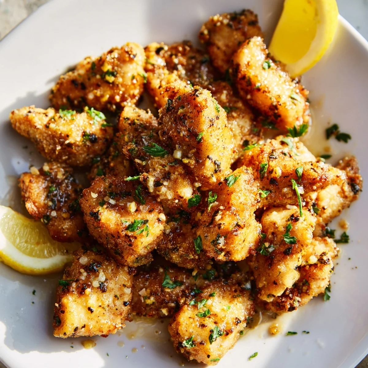 Juicy lemon herb marinated chicken bites cooked to golden perfection in air fryer basket with parsley sprinkle
