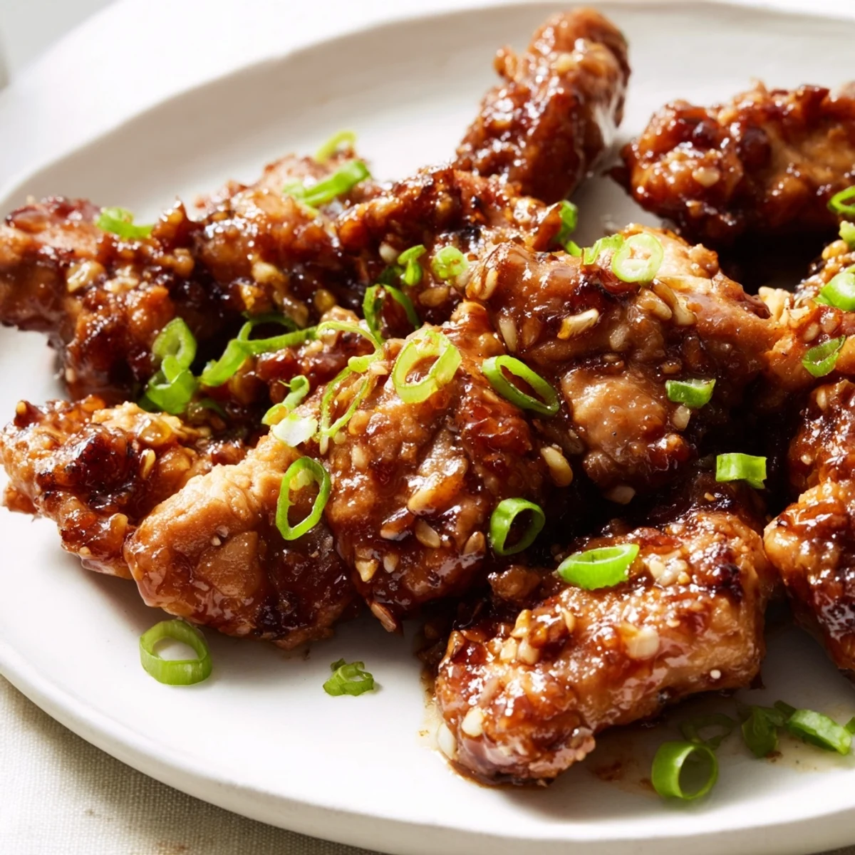 Tender pieces of Mongolian chicken simmered in a glossy brown sugar soy sauce garnished with sliced green onions