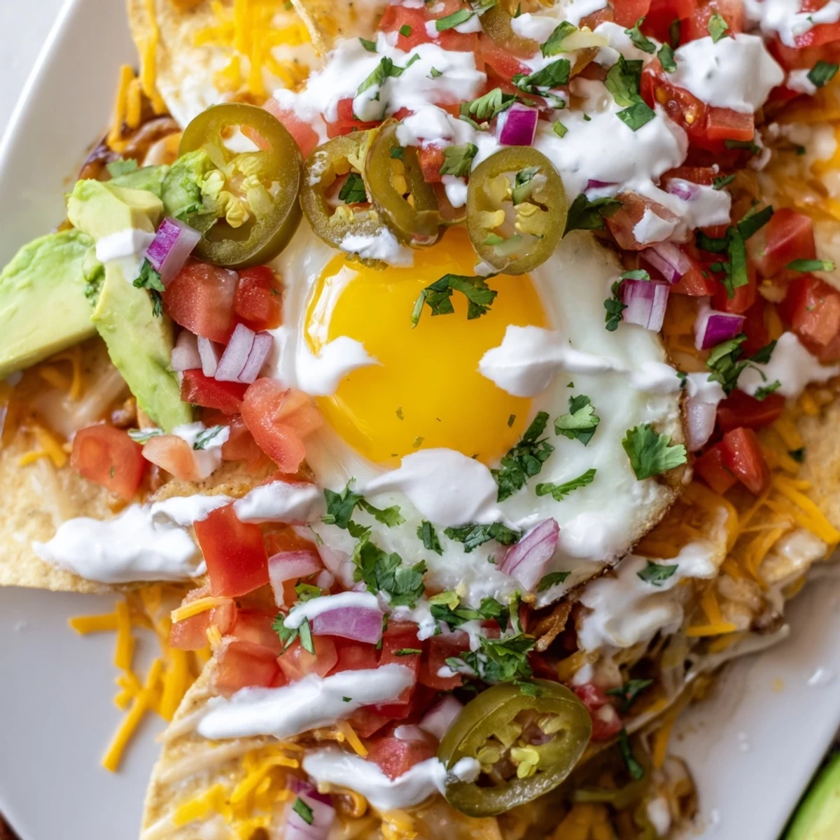 Colorful Mexican egg nachos piled with melted cheese, fresh avocado, salsa, and sunny-side up eggs
