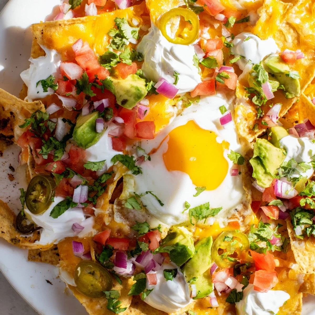Sizzling plate of Mexican egg nachos garnished with cilantro, jalapeños, lime wedges, and creamy avocado slices