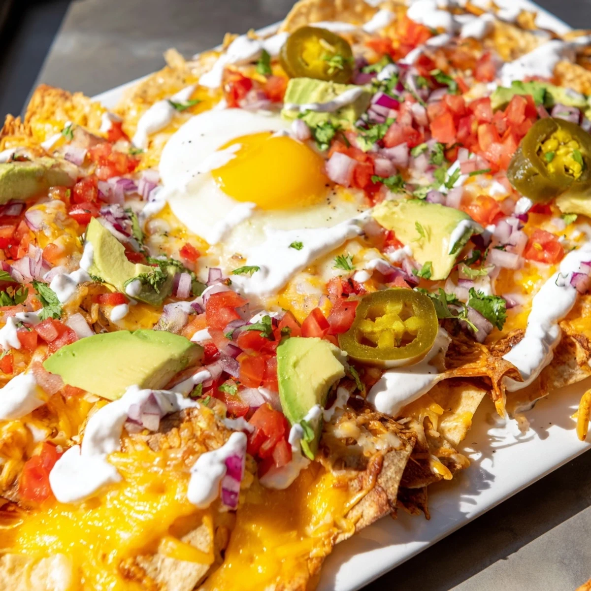Hearty breakfast nachos featuring crispy tortilla chips topped with runny eggs, sour cream, and vibrant vegetables