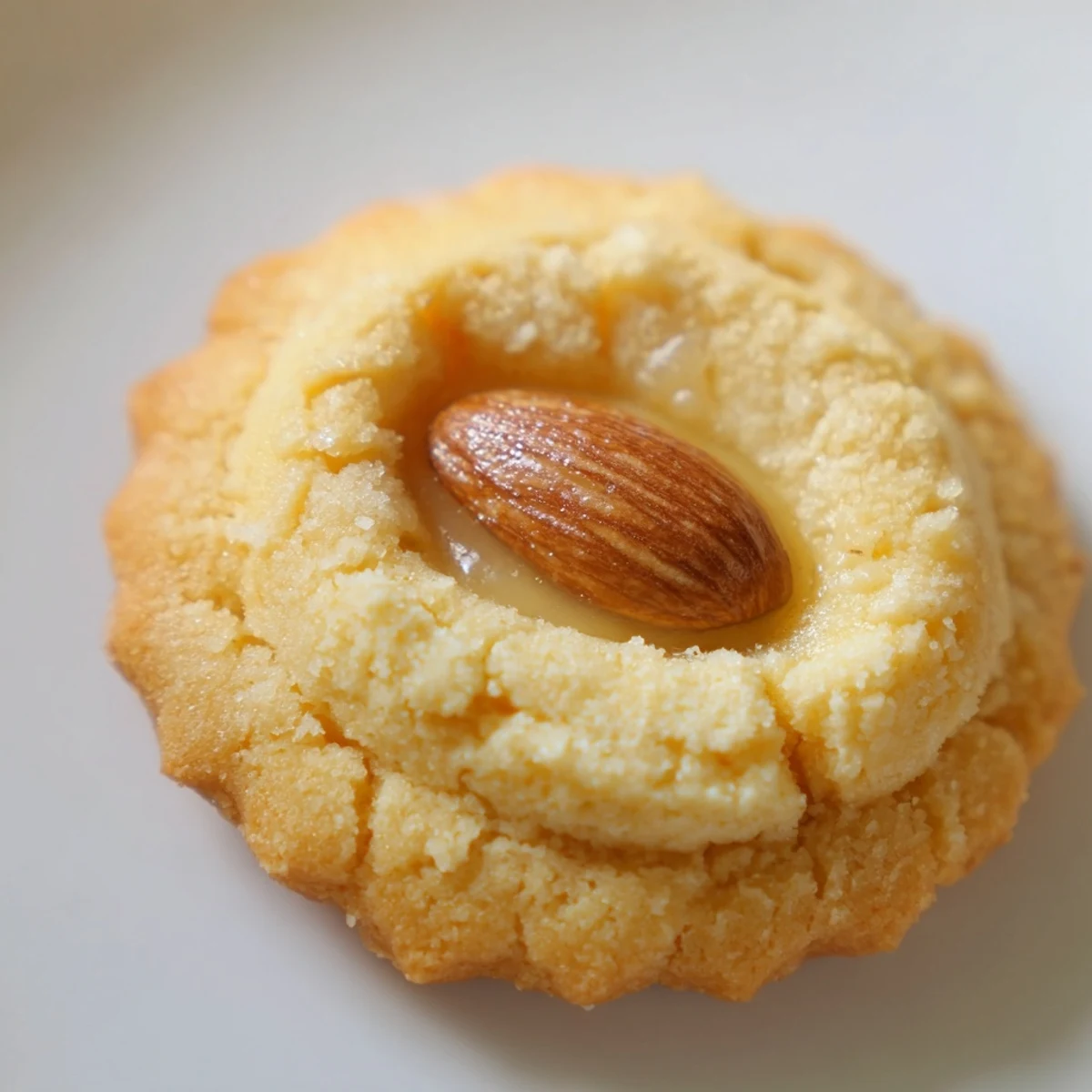 Chinese almond cookies topped with whole almonds cooling on a wire rack above parchment paper