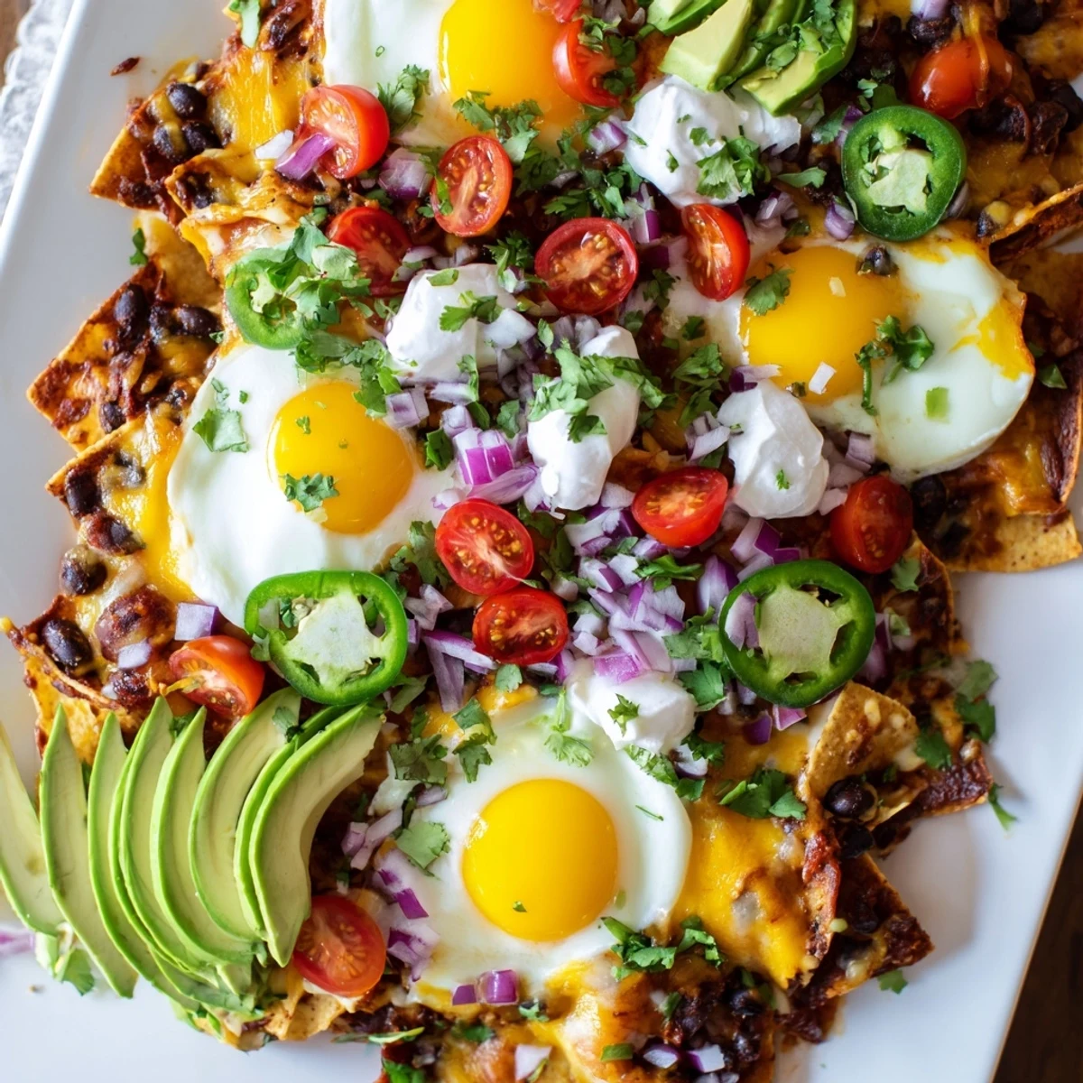 Golden Mexican egg nachos topped with melted cheese, fresh avocado, and zesty salsa