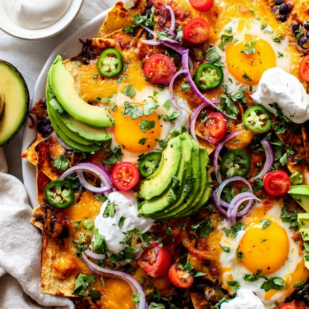Colorful vegetarian nachos platter featuring perfectly cooked eggs and creamy sour cream topping