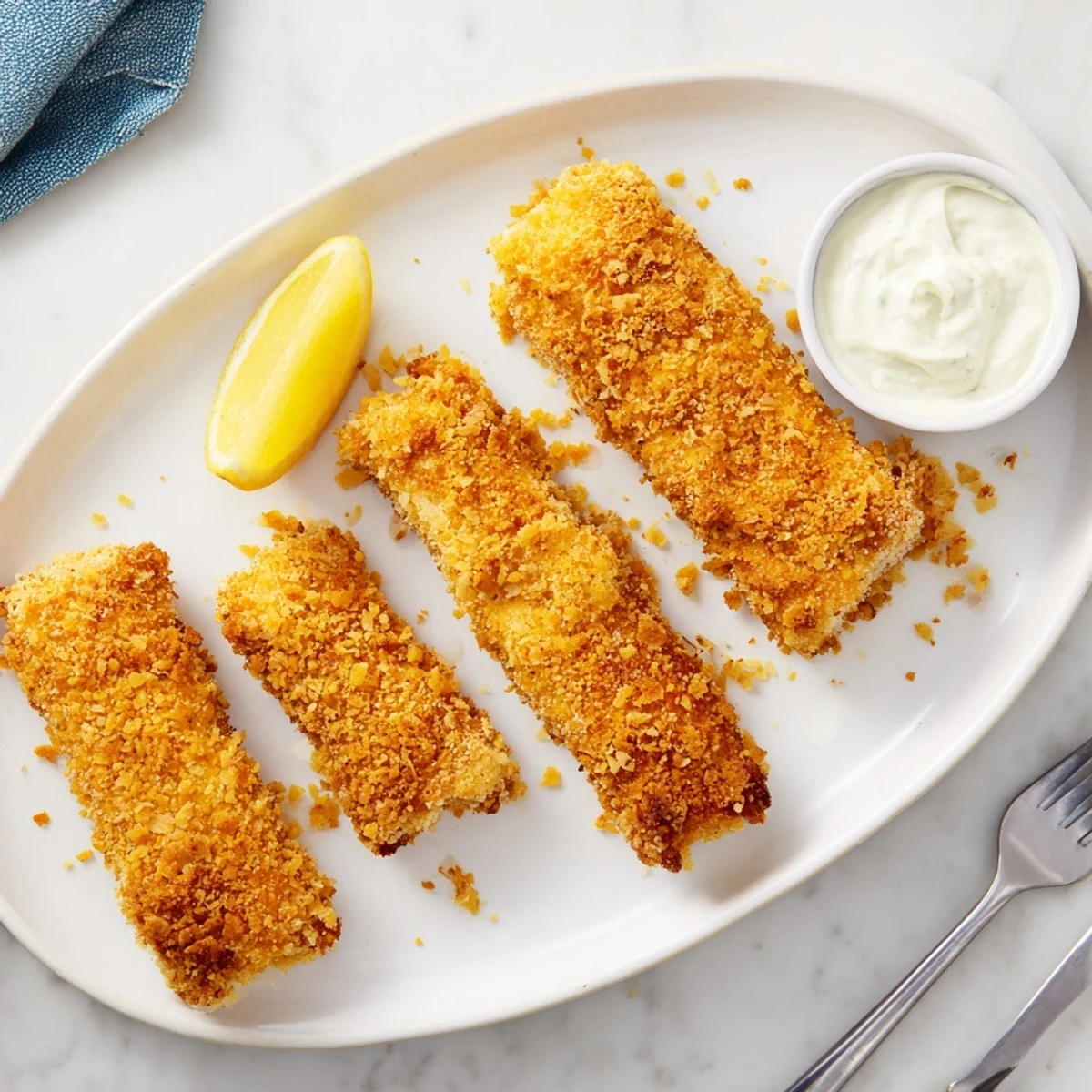Homemade corn chip fish fingers with crunchy tortilla chip coating ready for family dinner