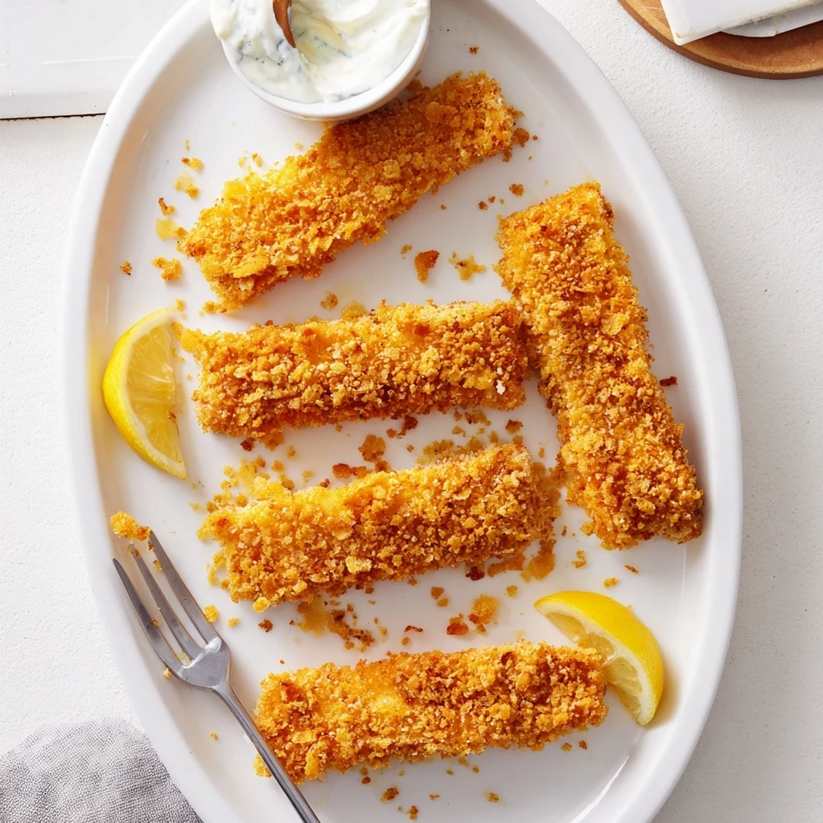 Crispy baked corn chip fish fingers served with fresh lemon wedges for dipping