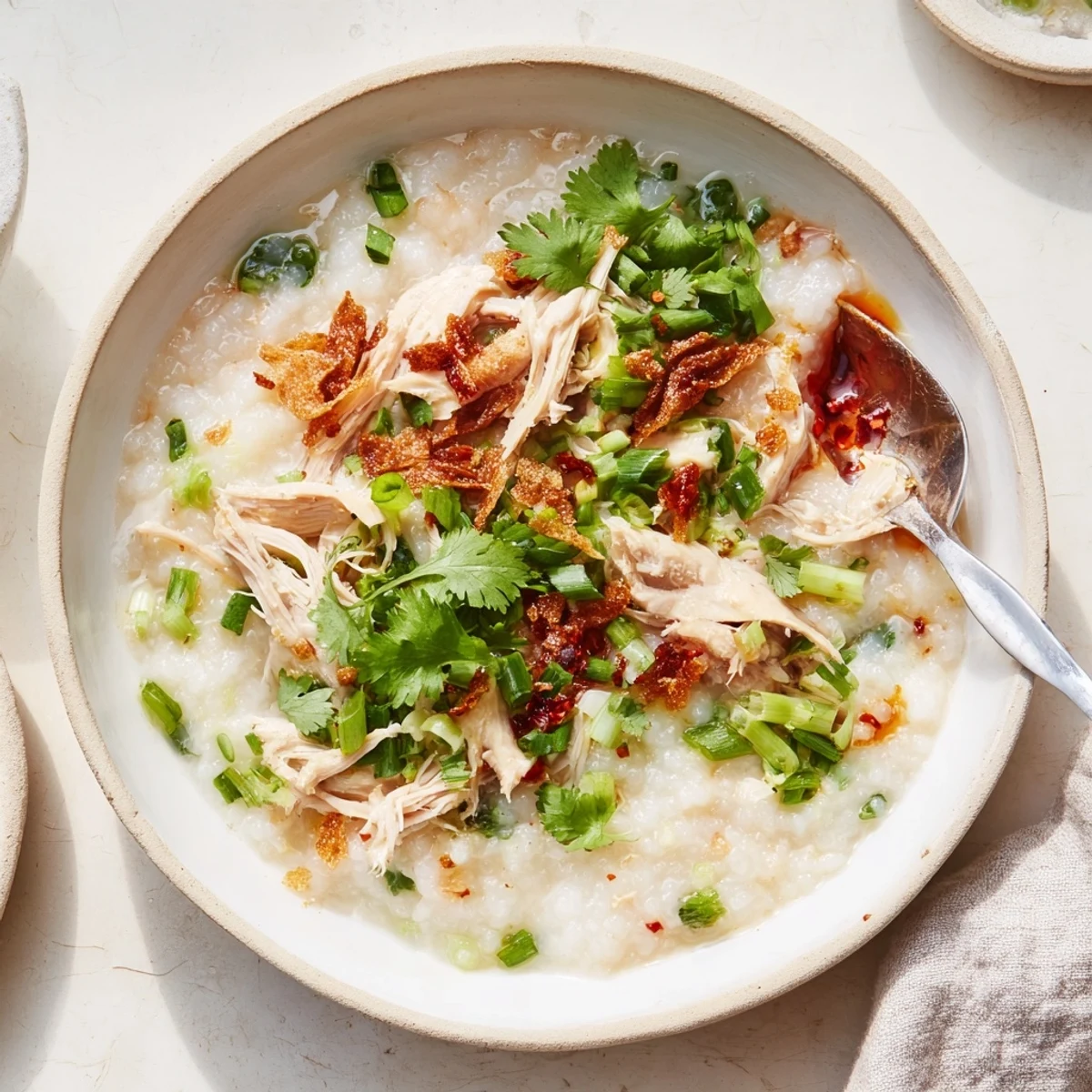 Creamy leftover Thanksgiving turkey congee topped with fresh scallions, crispy shallots, and fragrant ginger in a deep bowl