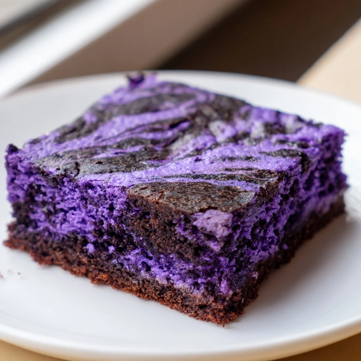 Fudgy purple ube brownies swirled with melted chocolate on a white plate