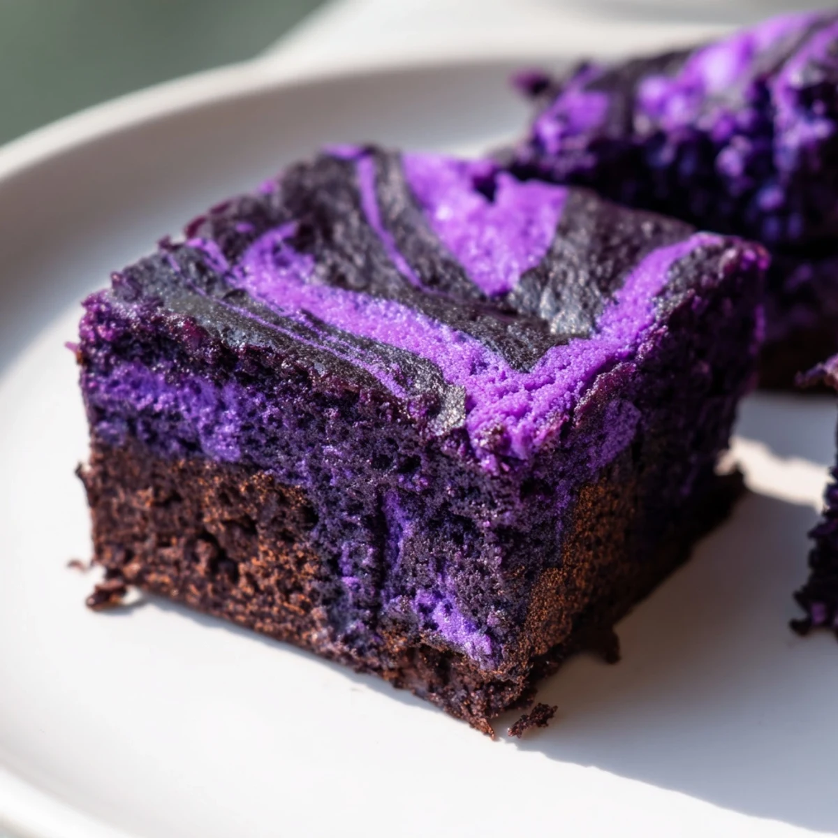 Vibrant Filipino ube brownies featuring marbled chocolate and dense, moist texture