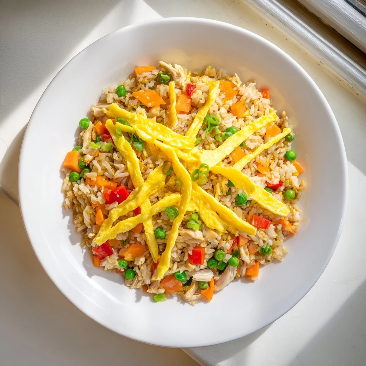 Golden chicken fried rice topped with delicate sliced egg omelette strips and colorful vegetables