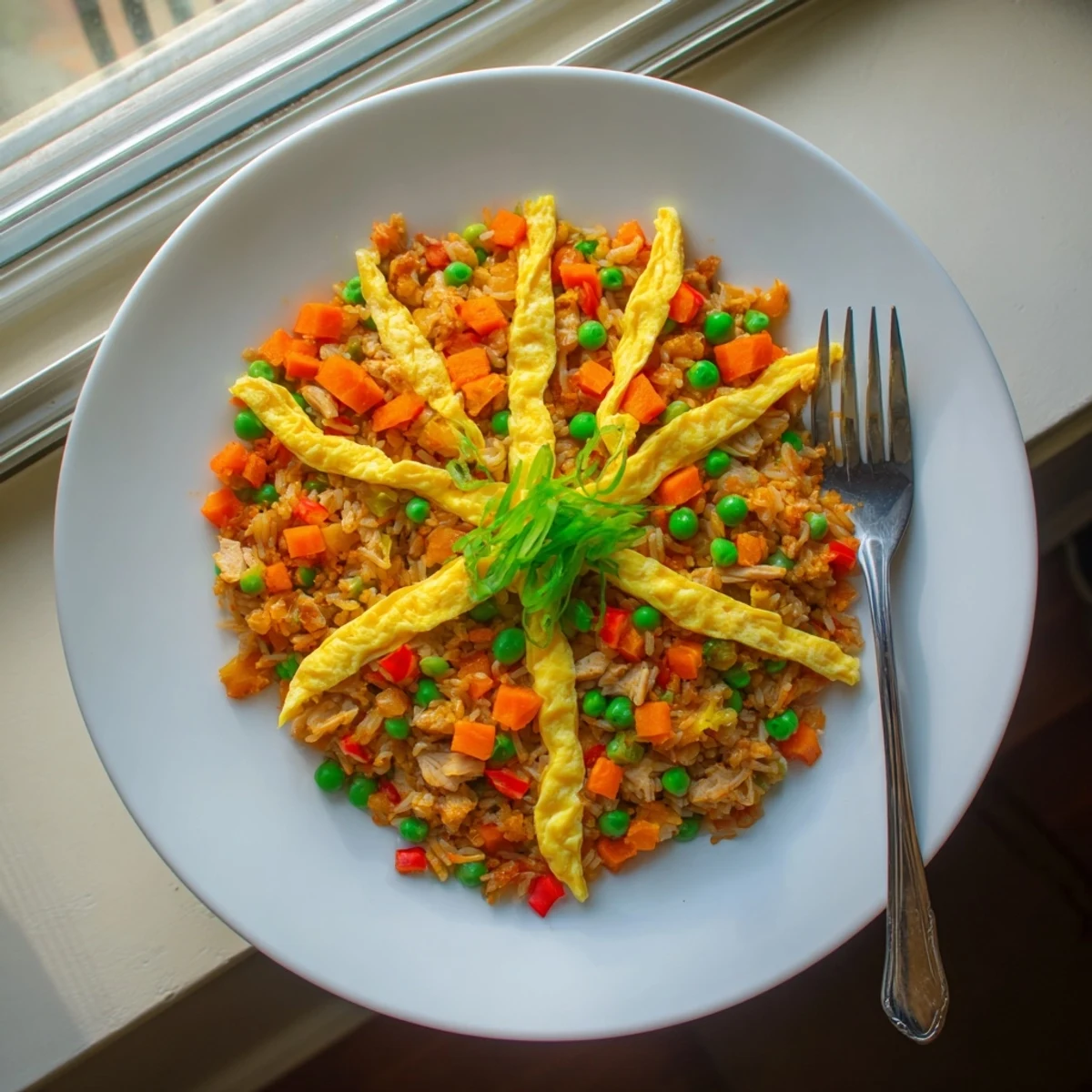 Steaming plate of chicken fried rice featuring tender meat, crisp veggies, and egg ribbons