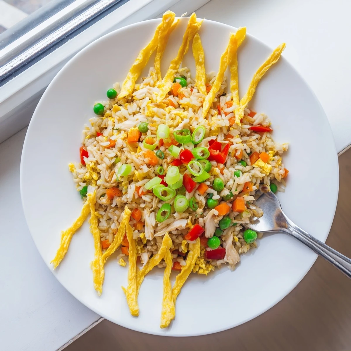 Savory chicken fried rice in a bowl garnished with rolled egg omelette and green onions