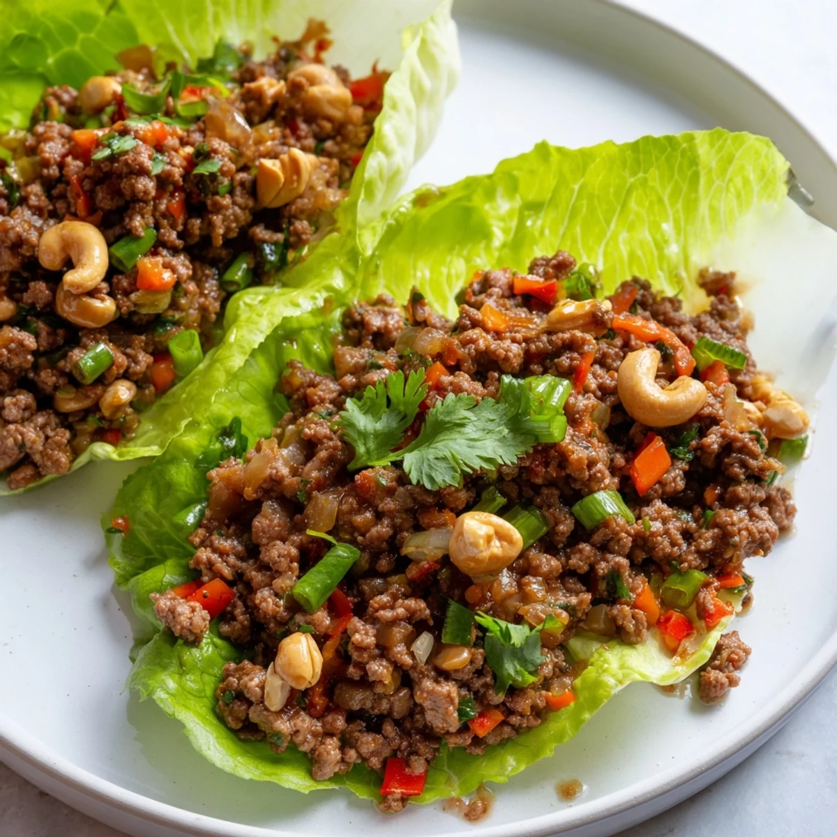 Golden ground beef with crunchy cashews served in fresh lettuce leaves