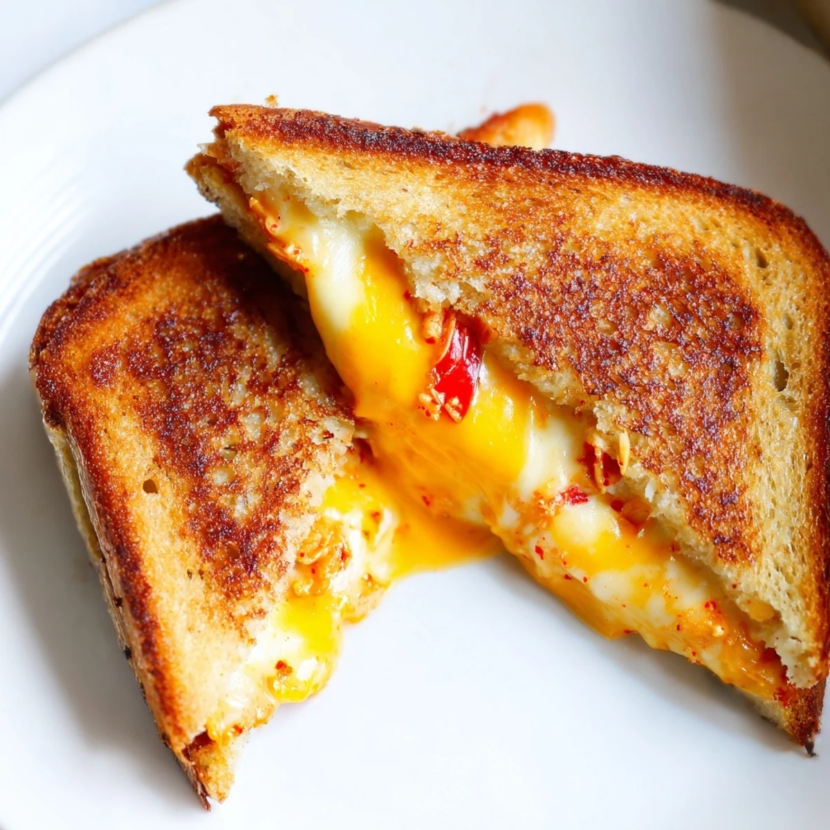 Golden brown kimchi grilled cheese sandwich with melted cheddar and mozzarella cheese oozing from crispy sourdough bread slices