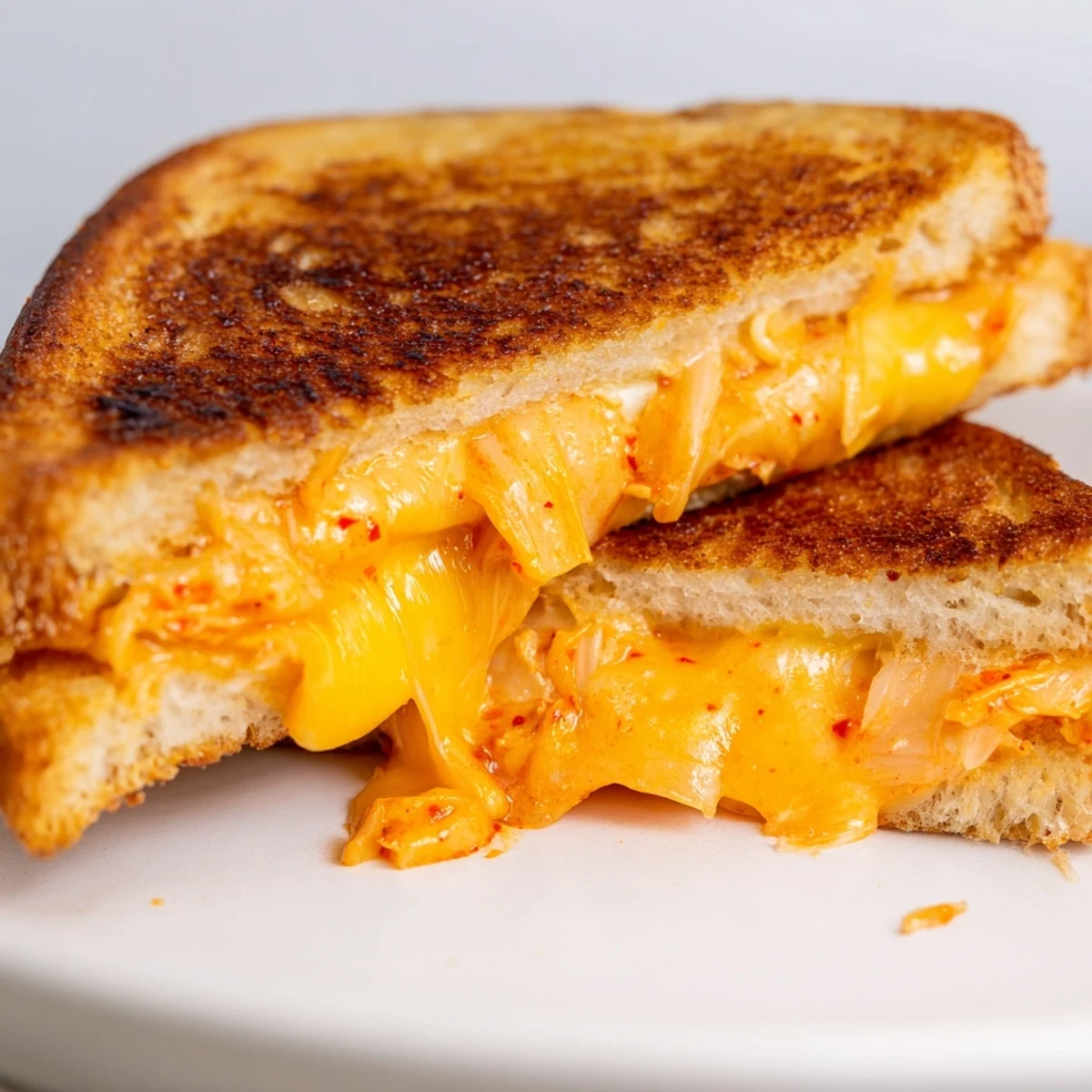 Sliced kimchi grilled cheese on a wooden cutting board showing gooey melted cheese layers between buttery golden toasted bread