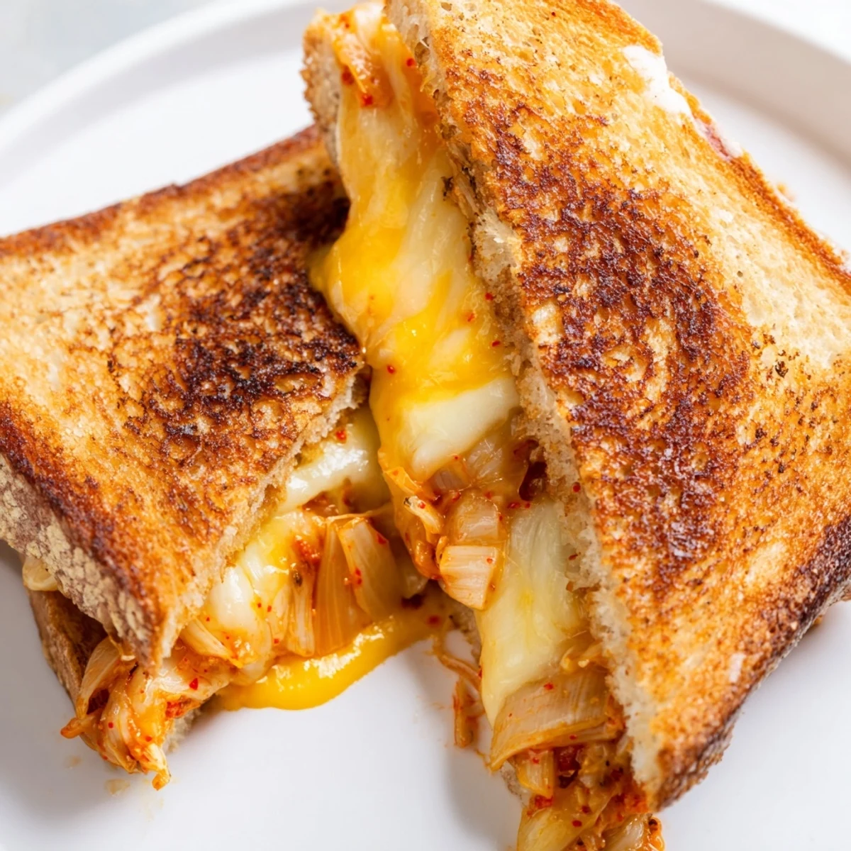 Hot kimchi grilled cheese sandwich with spicy fermented cabbage and melted cheese served on a white plate