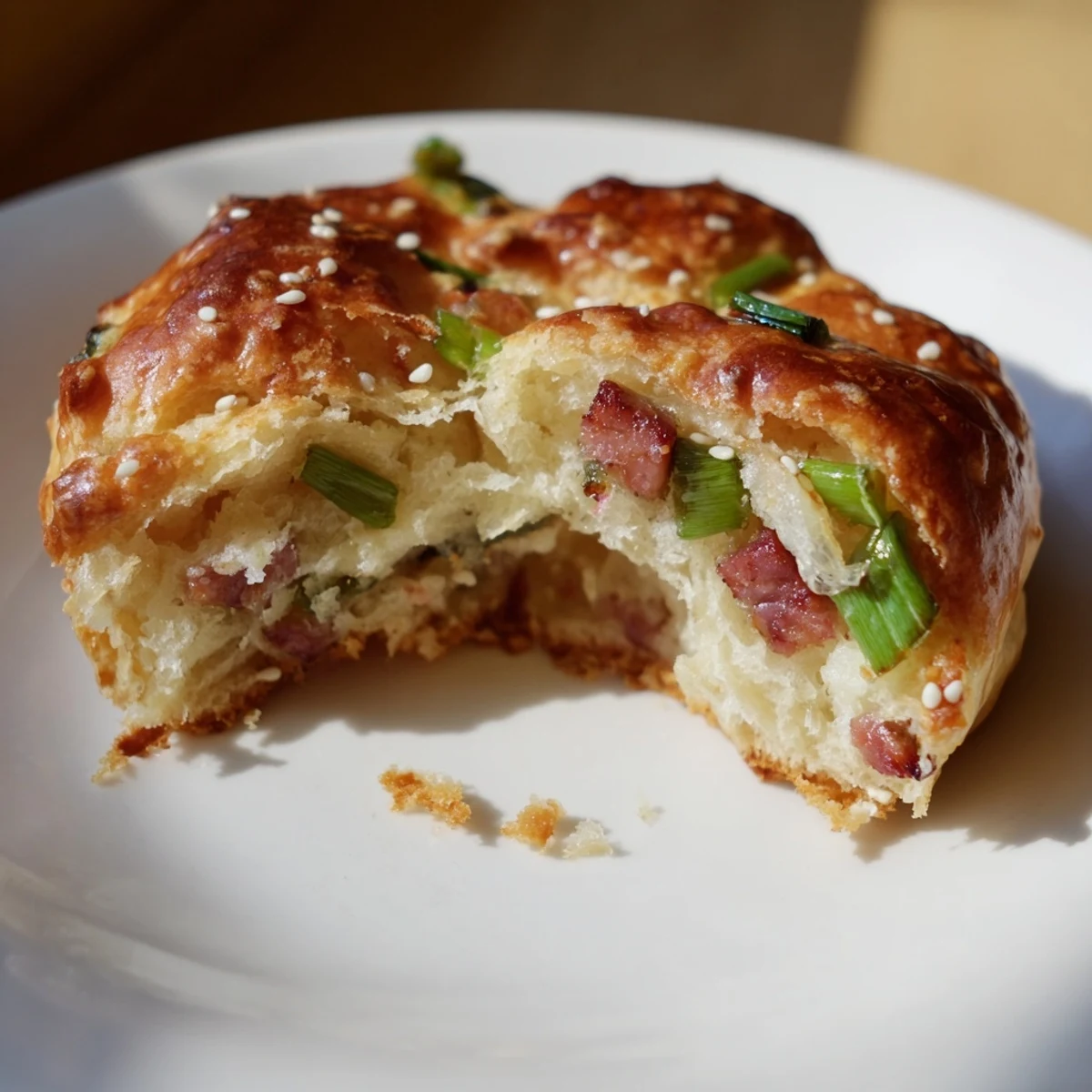 Buttery breakfast biscuits featuring diced Chinese sausage and scallions on a wooden board