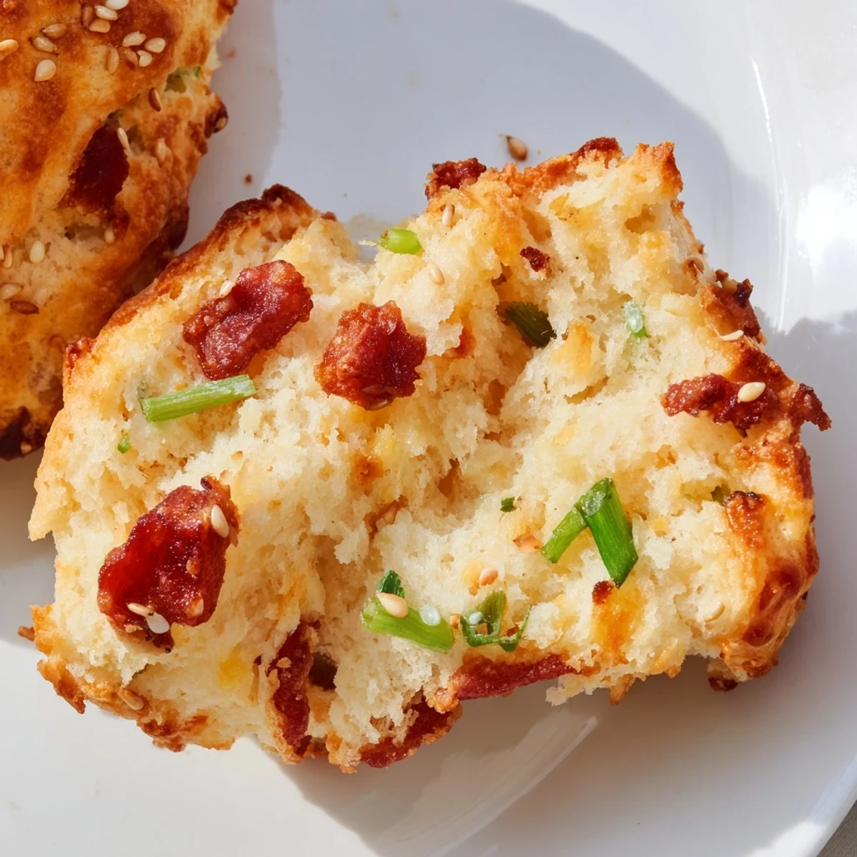 Freshly baked Chinese sausage biscuits brushed with egg and sprinkled with sesame seeds