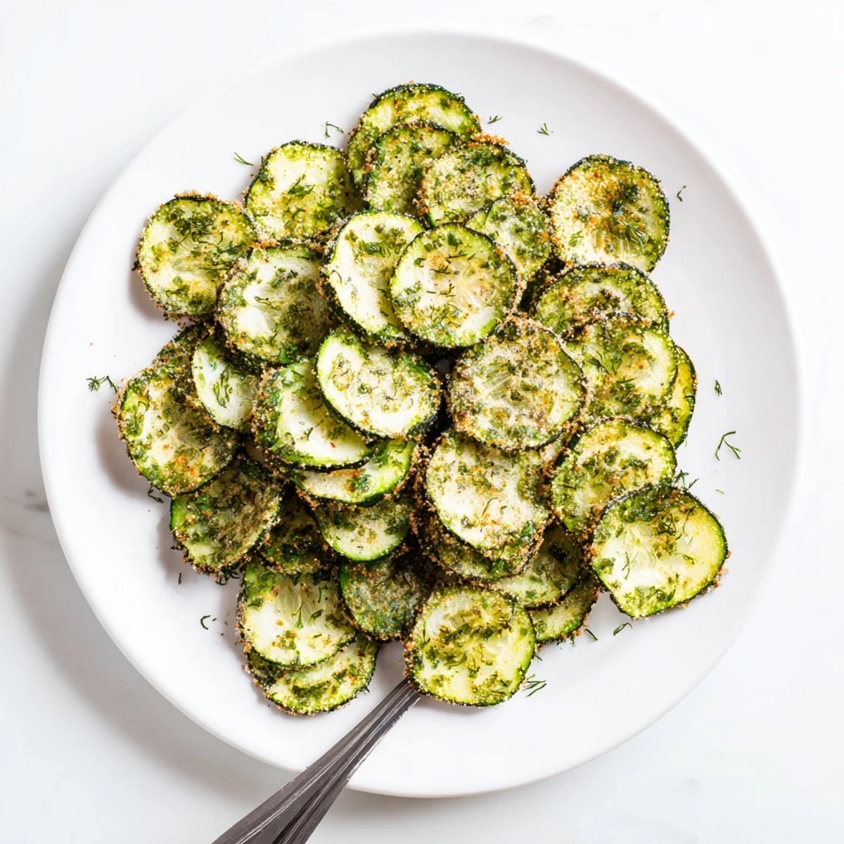 Golden crispy ranch cucumber chips arranged on a white plate with fresh dill garnish