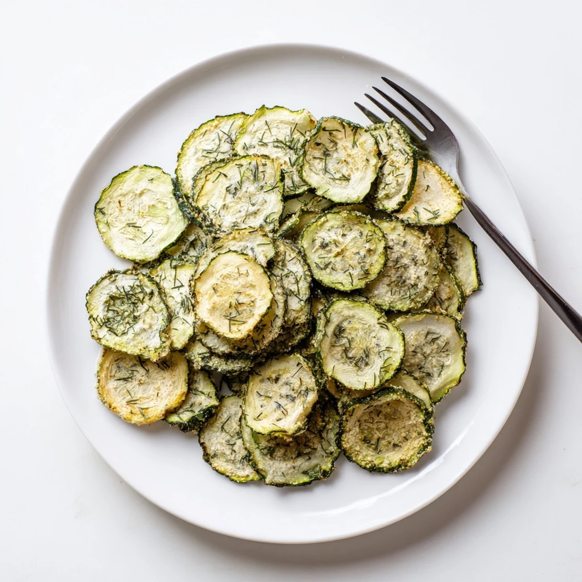 Close-up of crunchy ranch cucumber chips stacked neatly with visible herb coating