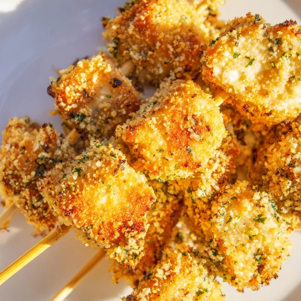 Golden Air Fryer Garlic Parmesan Chicken Skewers with crispy herb coating on wooden skewers