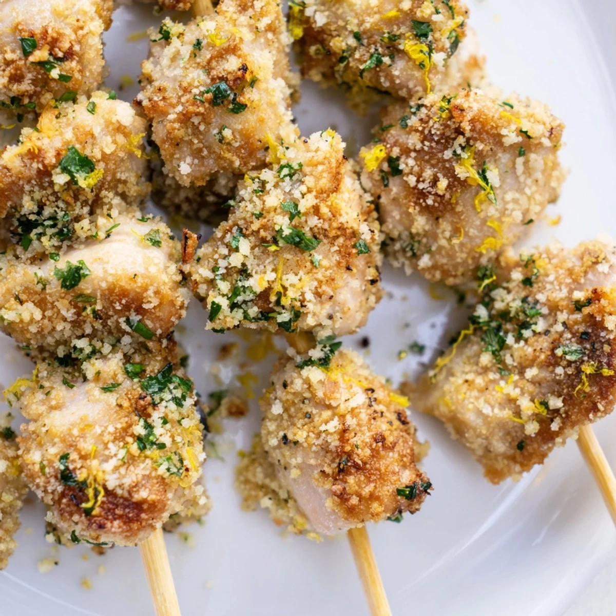 Tender juicy chicken cubes threaded on skewers air fried to golden perfection with melted Parmesan