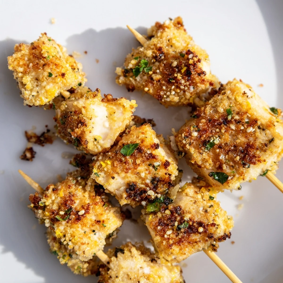 Plate of Air Fryer Garlic Parmesan Chicken Skewers garnished with fresh parsley and lemon wedges